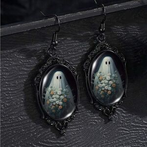 Gothic Vintage Inspired Earrings, Ghost Picture with floral, black frame…